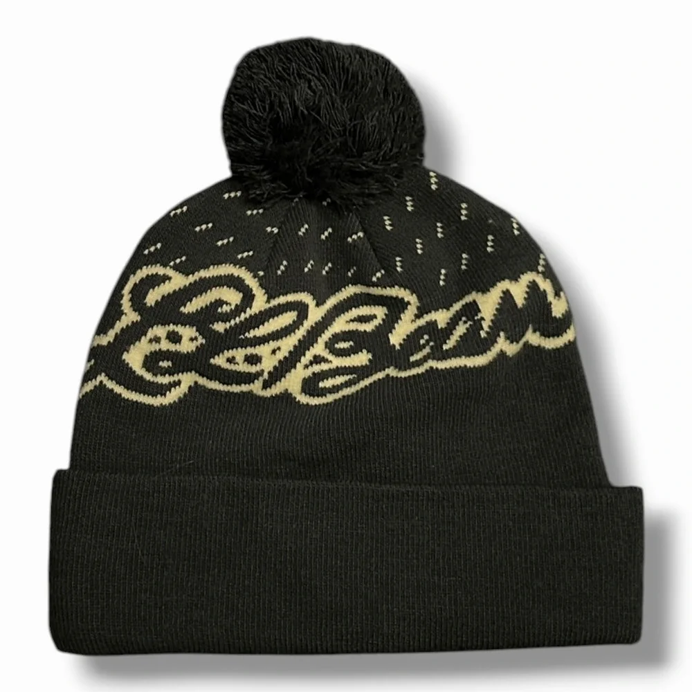 LL Bean Blue Cuffed Pom Beanie Hat Script Logo Birdseye Knit Winter Cap Adult OS